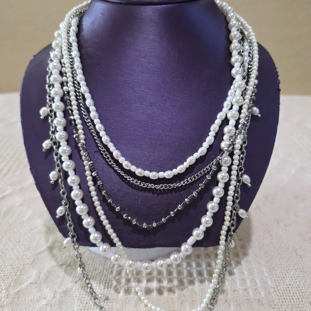 Pearls and Silver Chains Six 6 Strand Layered Vintage Long Elegant Necklace